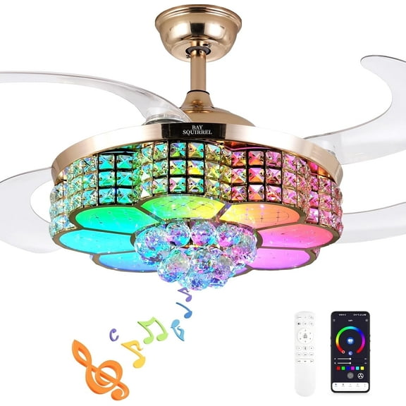 BAYSQUIRREL Retractable Crystal Ceiling Fan with RGB LED Light, Bluetooth Speaker, Remote/APP Control, 6 Speeds & Reversible Blades
