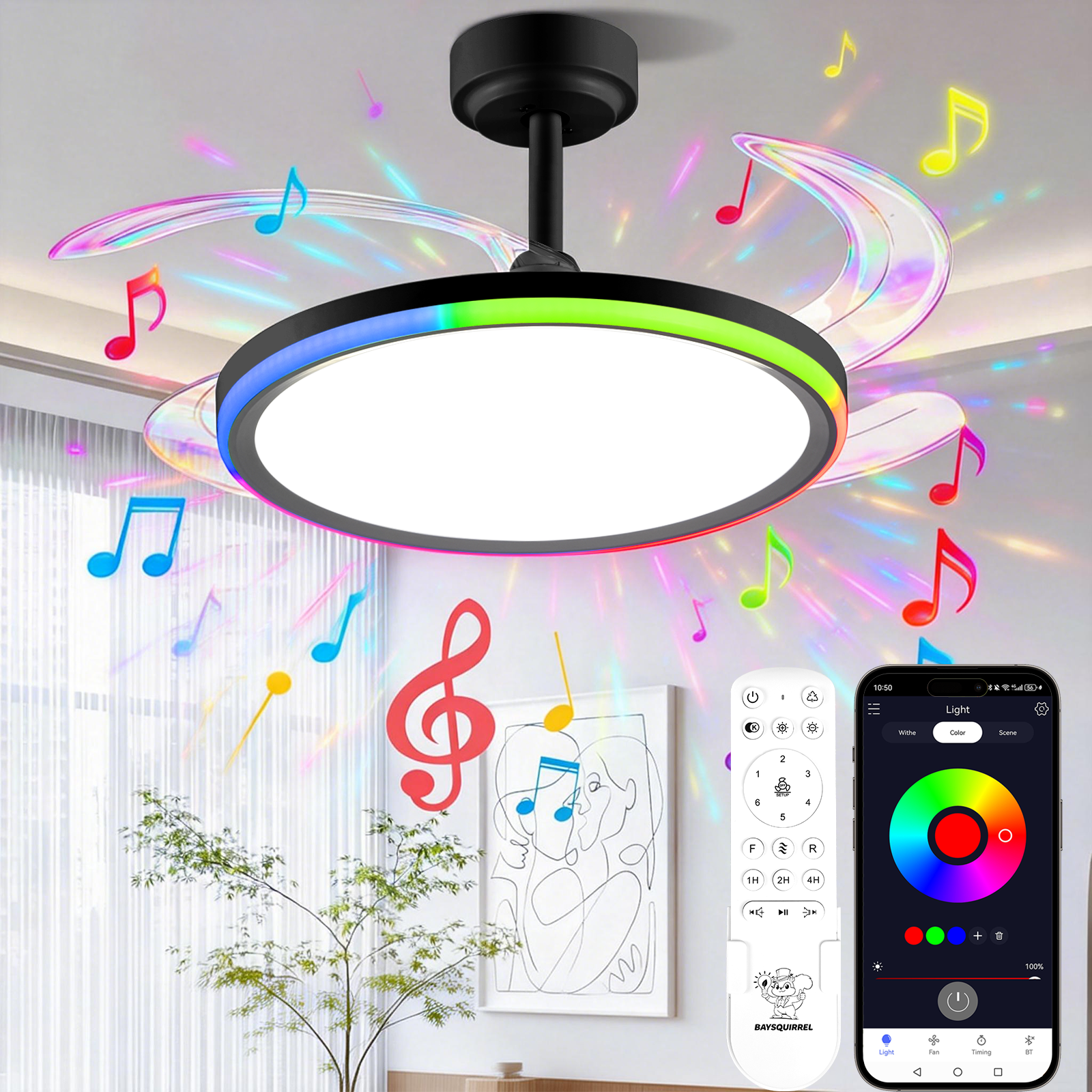 BAYSQUIRREL 42in Slim Retractable Ceiling Fan with RGB Light, Bluetooth Speaker, APP/Remote Control, 6-Speed Reversible, Dimmable Full Spectrum & Memory
