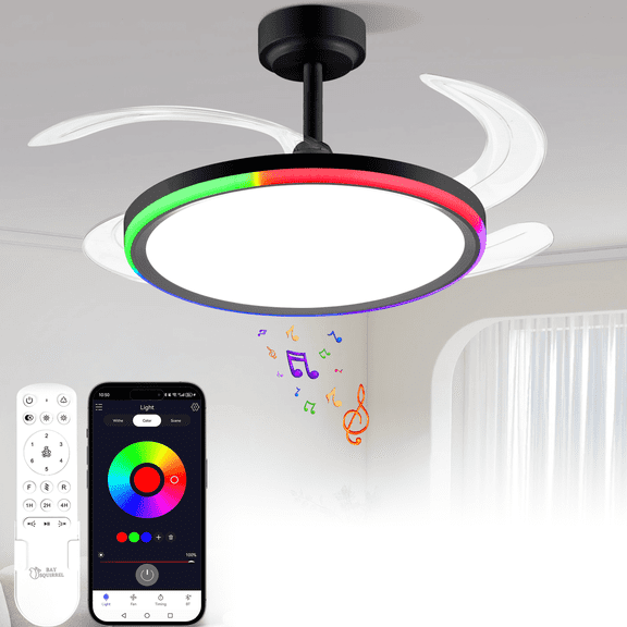 BAYSQUIRREL Slim Retractable Ceiling Fan with Light and APP/Remote Control, 42in Modern Smart RGB Ceiling Fan with Bluetooth Speaker, Dimmable Full Spectrum with Memory, 6-Speed Reversible Fan