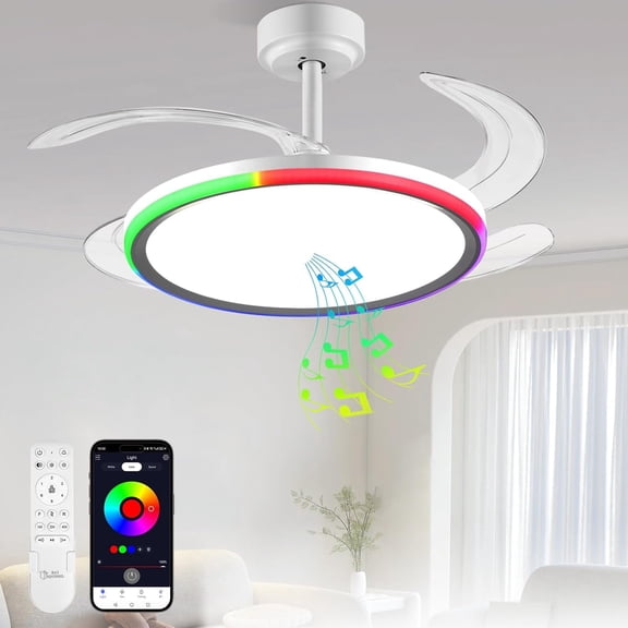 BAYSQUIRREL Slim Retractable Ceiling Fan with Light and APP/Remote Control, 42in Modern Smart RGB Ceiling Fan with Bluetooth Speaker, Dimmable Full Spectrum with Memory, 6-Speed Reversible Fan