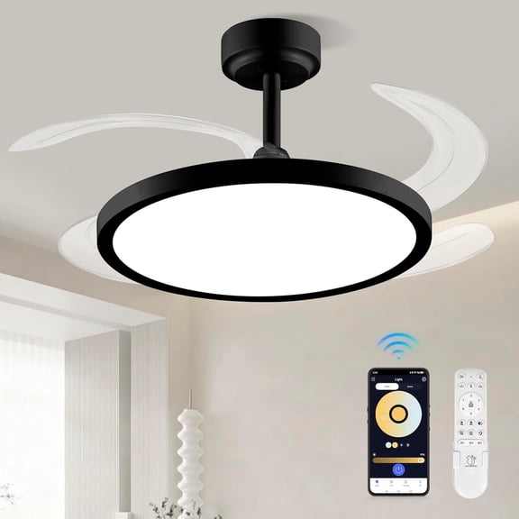 BAYSQUIRREL Slim Retractable Ceiling Fan with Light and APP/Remote Control, 42in Modern Smart Ceiling Fan with Bluetooth Speaker, Dimmable Full Spectrum with Memory, 6-Speed Reversible Fan
