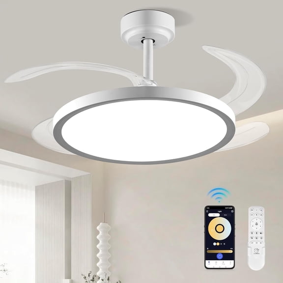 BAYSQUIRREL Slim Retractable Ceiling Fan with Light and APP/Remote Control, 42in Modern Smart Ceiling Fan with Bluetooth Speaker, Dimmable Full Spectrum with Memory, 6-Speed Reversible Fan