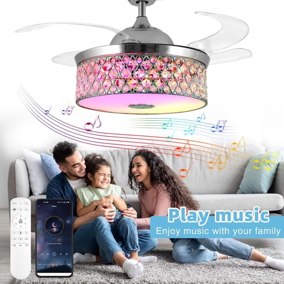 Retractable Crystal Ceiling Fan with Light and Remote/APP Control, Bluetooth Ceiling Fan with Speaker, RGB-LED Light 6 Speeds Reversible Blades,Flush Mount Chandelier Ceiling Fan