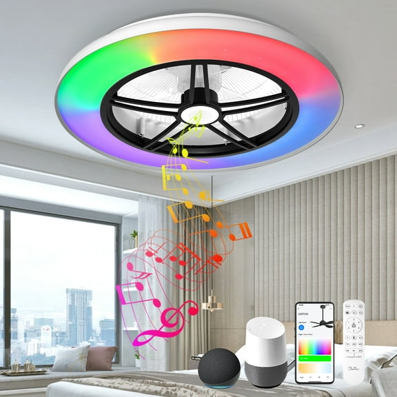BAYSQUIRREL Wifi Low Profile Ceiling Fan with Light,Bluetooth Speaker Ceiling Fan 20In Smart Bladeless Ceiling Fans with Alexa/Google Assistant/App Control,6 Speed Dimmable LED-RGB Lights