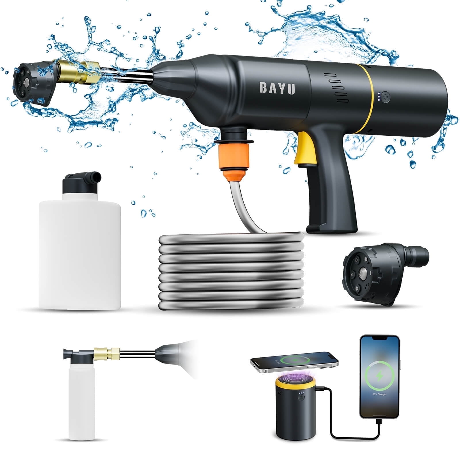 BAYU 2 in 1 Cordless Pressure Washer, 200PSI Portable Car Pressure Washer, 15000mAh Car Washer with 6-in-1 Nozzle, Handheld Pressure Washer for Car, Home, Garden