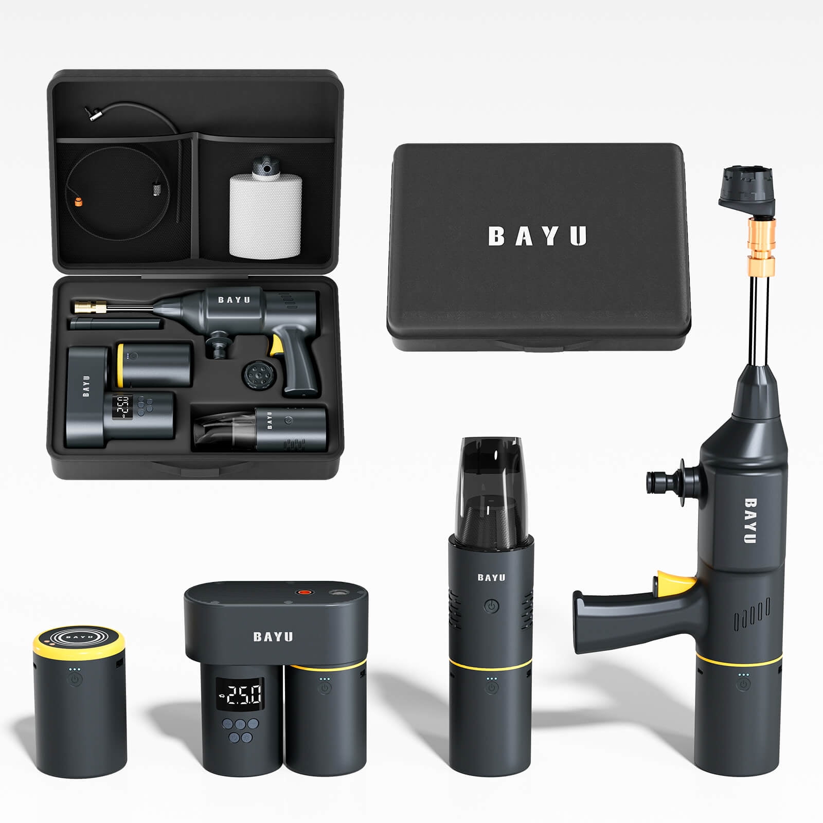 BAYU 4 in 1 Car Smart Kit, 19000PA Car Vacuum Cleaner, 200PSI Cordless Pressure Washer, 150PSI Tire Inflator Portable Air Compressor, 15000mAh Wireless Portable Charger for Car, Bike, Motor