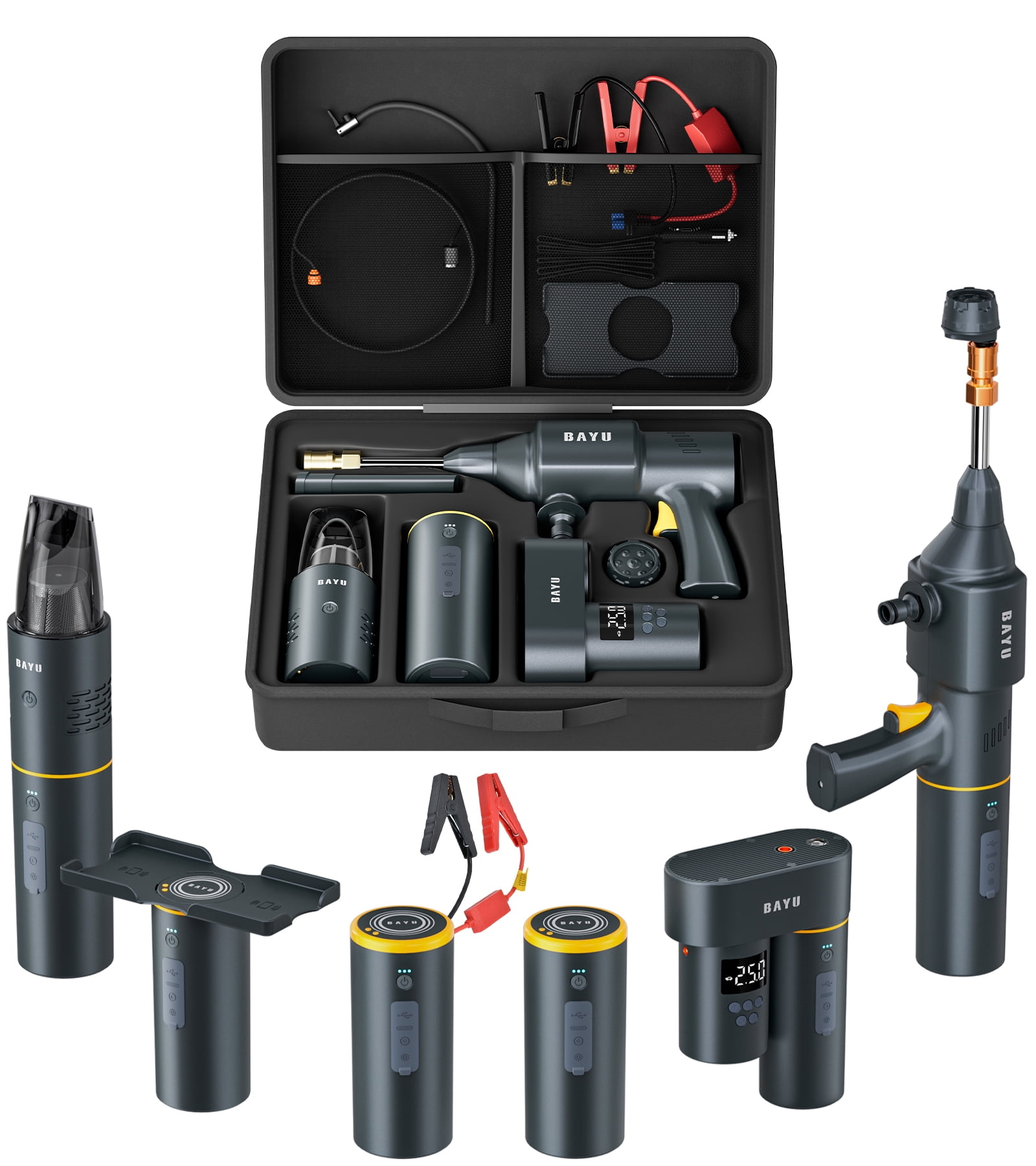 BAYU 6 in 1 Car Battery Jump Starter with Air Compressor, Portable 12V 1500A Auto Jump Box for 5.0 Gas/3.0L Diesel, 150PSI Tire Inflator Air Pump, 19000PA Car Vacuum, 200PSI Cordless Pressure Washer