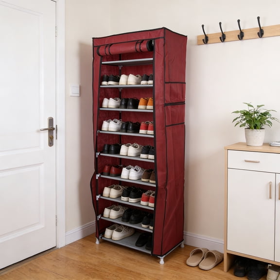 BAYUELSWU 10 Tiers Shoe Rack, Stackable Shoe Tower Shelf Storage Organizer with Dustproof Cover for Bedroom, Entryway, Hallway, Closet (Wine Red)