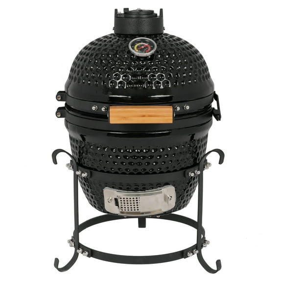 BAYUELSWU 13in Round Ceramic Charcoal Grill, Kamado Grill Charcoal BBQ Grill Portable Cooking for Backyard, Camping, Garden, Patio (Black)