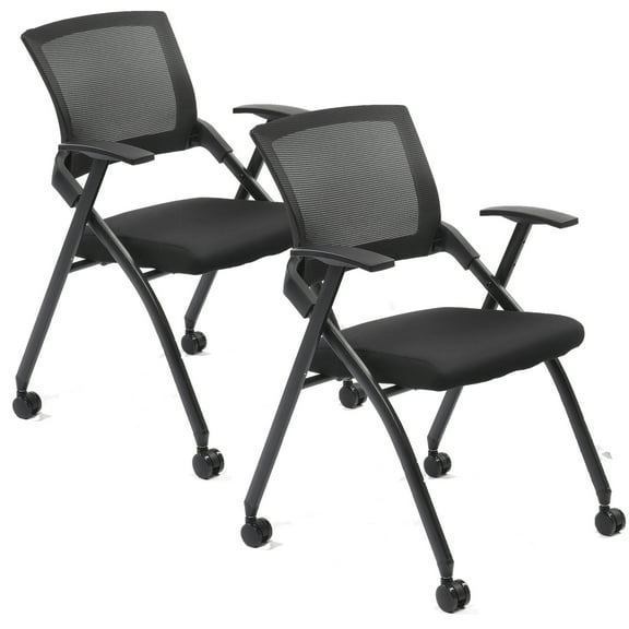 BAYUELSWU 2 Pack Stackable Conference Room Chairs with Wheels and Paddle, Ergonomic Mesh Back and Arms for Home Office Desk Folding Chairs