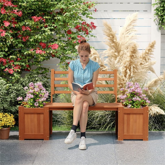 BAYUELSWU 2-Person Outdoor Garden Wood Bench, Garden Bench with Elevated Mini Planters, Easy Assembly for Backyard, Garden, Yard & Lawn