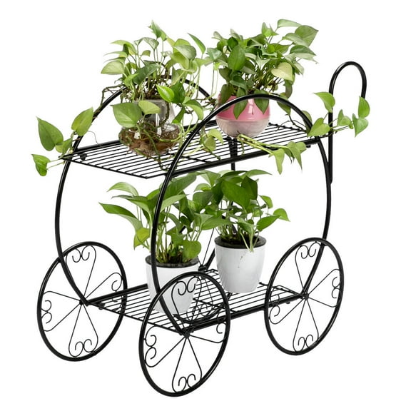 BAYUELSWU 2-Tier Black Plant Stand with Handle, Cart-Style Metal Flower Rack Space-Saving for Indoor/Outdoor (Black)