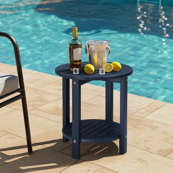BAYUELSWU 2-Tier Outdoor Side Table, HDPE All Weather Patio Table with Storage Shelf for Indoor, Outdoor, Patio, Backyard, Pool (Navy Blue)