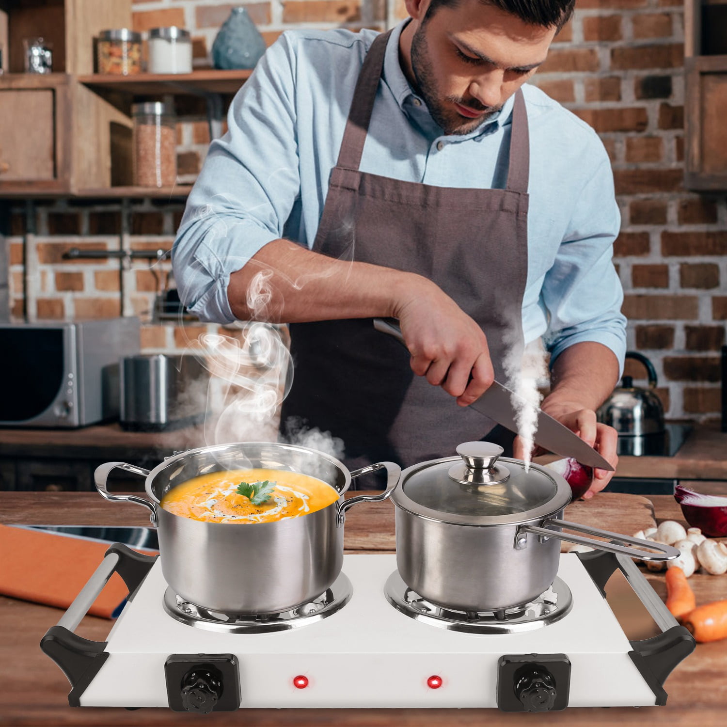 BAYUELSWU 2000W Hot Plate, Portable Electric Stove Countertop W/ Double Burners, 5 Level Temperature Control & Stay Cool Handles for RV/Home/Camp, Easy to Clean