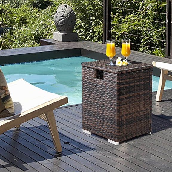 BAYUELSWU 20Lb Propane Tank Cover & Side Table, Wicker Propane Tank Cover Table, Propane Tank Storage Box Hideaway Design for Patio & Deck (Brown)