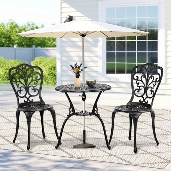 BAYUELSWU 3-Piece Outdoor Bistro Set Patio Set Outdoor Patio Furniture w/Butterfly Design, Rust-Resistant Cast Aluminum Table and Chairs w/Umbrella Hole for Balcony Backyard Garden (Black)
