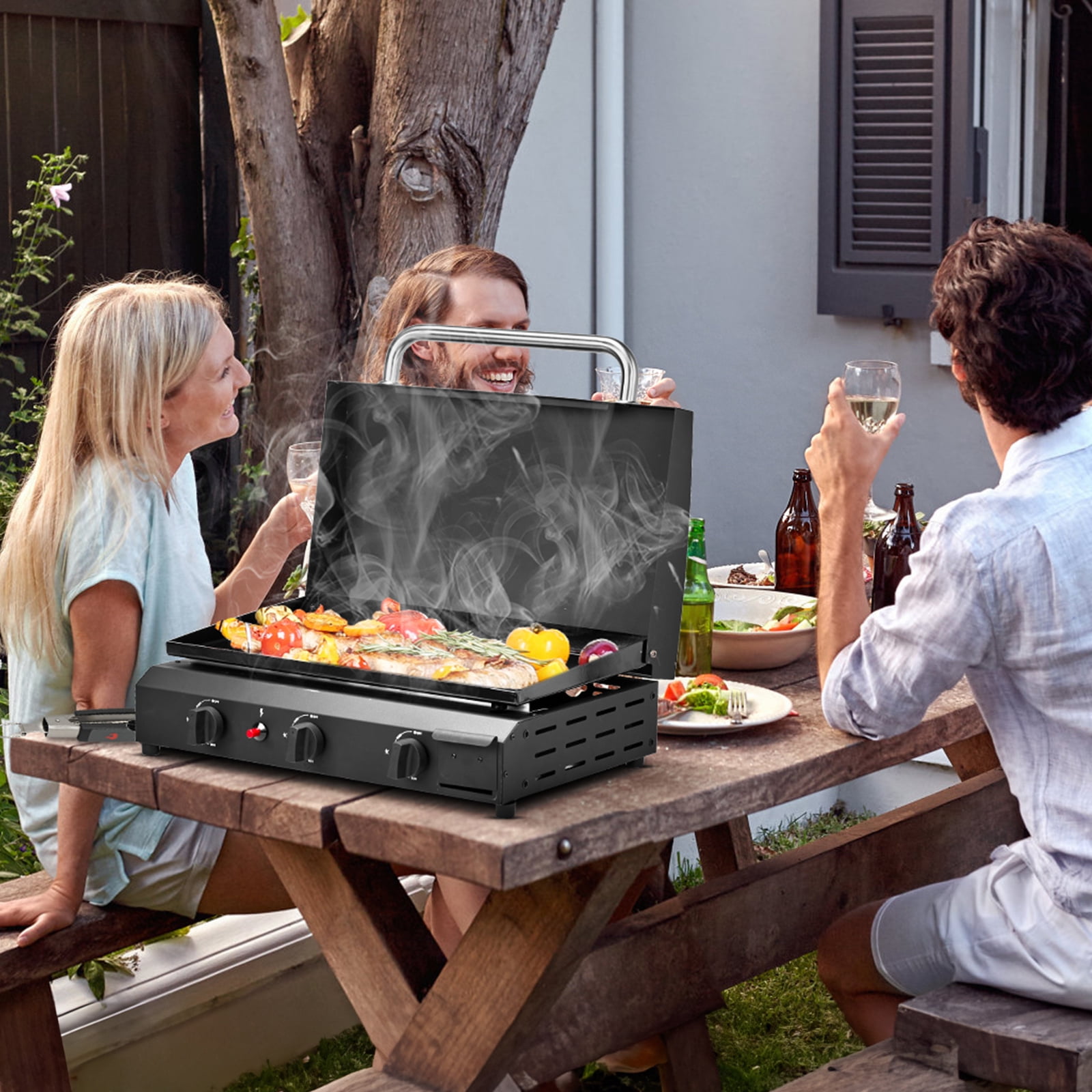 BAYUELSWU 30,000 BTU Foldable Flat Top Grill, Outdoor Griddle-3 Burner Propane Gas Griddle with Side Shelves & Spice Rack for BBQ, Camping, Backyard, Cookout