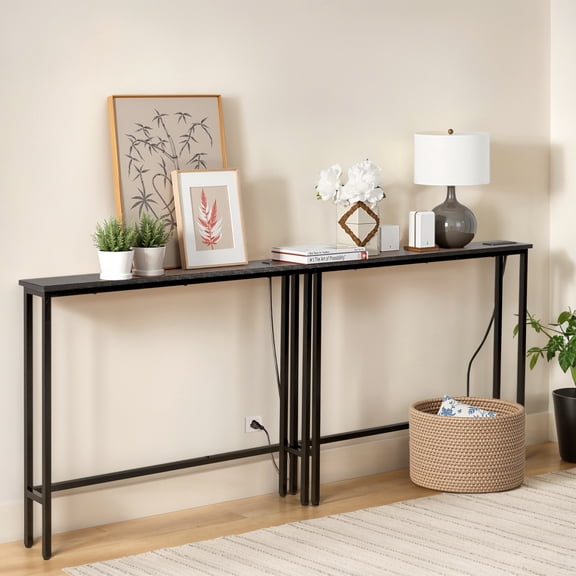 BAYUELSWU 39.4" Narrow Console Table with Charging Station, Behind Couch Table with 4.9ft Extension Cord, 5.9"D Skinny Sofa Entryway Table for Living Room, Hallway (2PCS,Black)