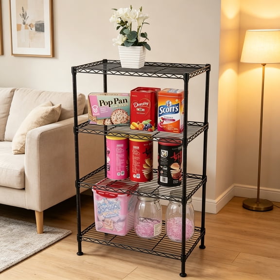 BAYUELSWU 4-Tier Wire Storage Shelves, 4-Tier Wire Shelving Storage Rack for Kitchen, Garage, Office (Black)