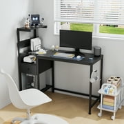 BAYUELSWU 48 Computer Desk with Drawers and Shelves, Gaming Desk with LED Lights & Power Outlets, Reversible Corner Gaming Desk with Headset Hooks for Home Office Black