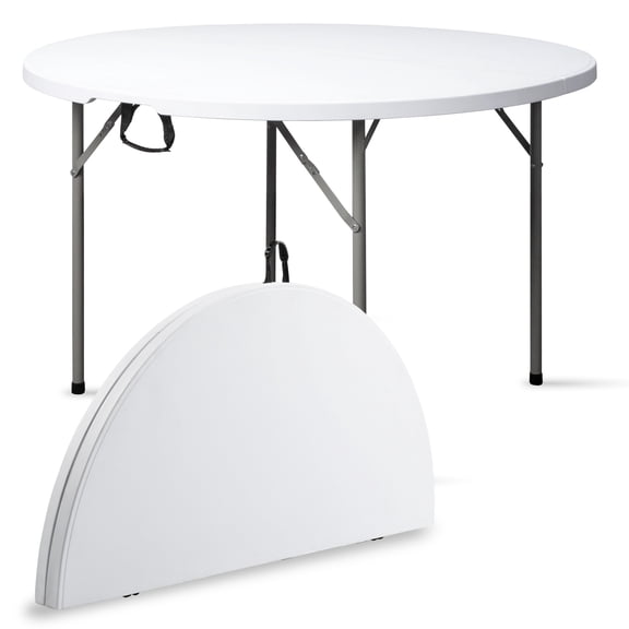 BAYUELSWU 4ft Round Folding Table, Portable Picnic Table, Plastic Foldable Table w/Handle for Kitchen, Picnic, Party, Camping (White)