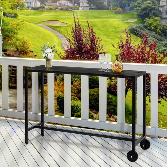 BAYUELSWU 55" Outdoor Bar Table with Wheels, Rectangle Narrow Counter Bar Height Table for Balcony, Patio, Garden, Yard, Poolside, 55.1″L x 15.7″W x 37″H, Black