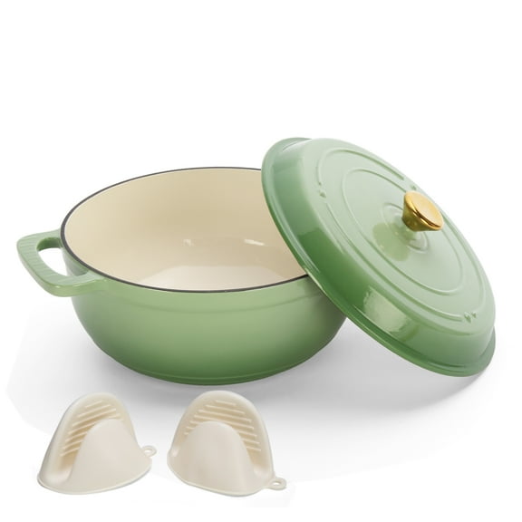 BAYUELSWU 5QT Enameled Cast Iron Cooking Pot with Lid, NonStick Round Enamel Pot with Two Silicone Gloves for Oven, Grill, Campfire & Stovetop Safe (Green)