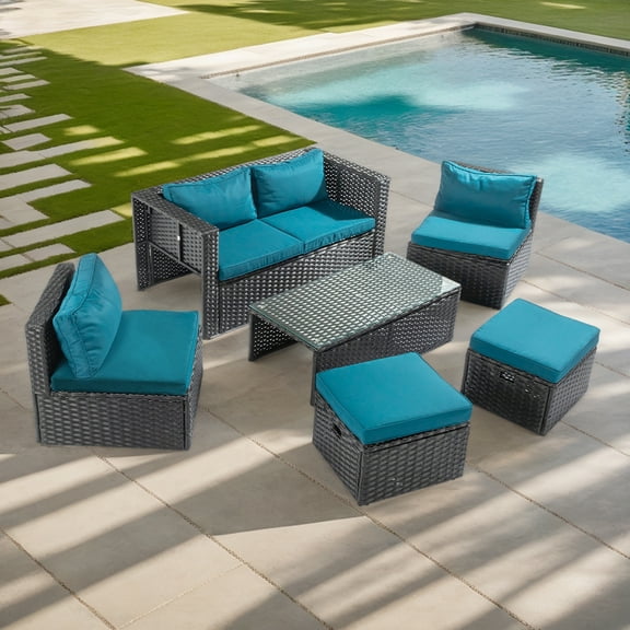 BAYUELSWU 6 Pieces Wicker Patio Furniture Set, All-Weather Outdoor Sectional Furniture Patio Conversation Set for Patio, Deck, Garden, Porch (Peacock Green Cushions)