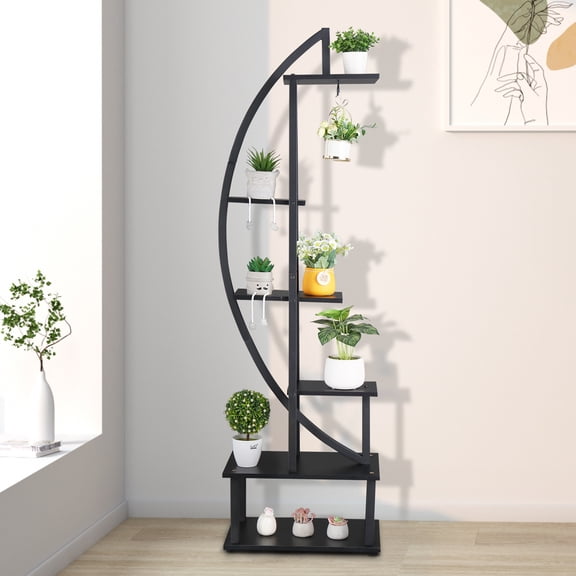 BAYUELSWU 6-Tier Plant Holder Stand, Flower Pot Rack, Half Moon Stand Holder Display Shelf w/ Hanging Hooks for Balcony, Patio & Home Decor (Black)