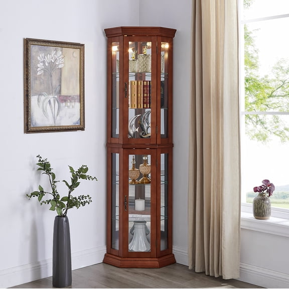 BAYUELSWU 69.75" H Corner Display Curio Cabinet, Corner Bar Cabinet, 6-Tier Tall Modern Corner Wine Cabinet with Adjustable Glass Shelves, Doors