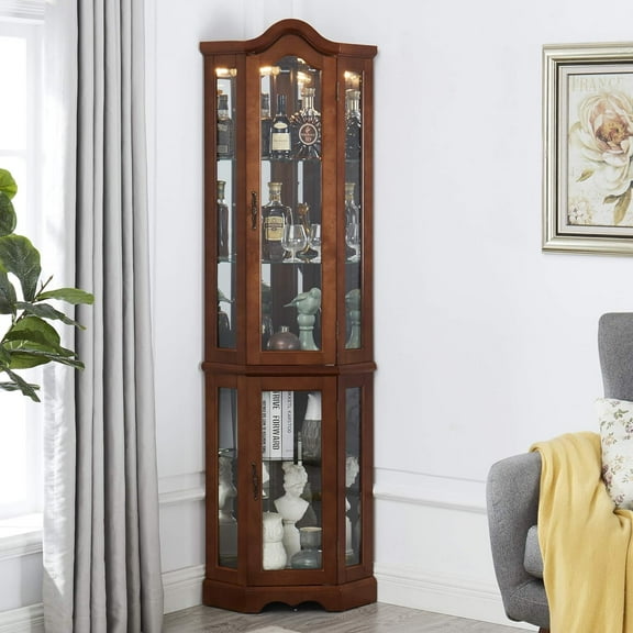 BAYUELSWU 70.25" H Corner Display Curio Cabinet, Corner Bar Cabinet, 6-Tier Tall Modern Corner Wine Cabinet with Adjustable Glass Shelves, Doors