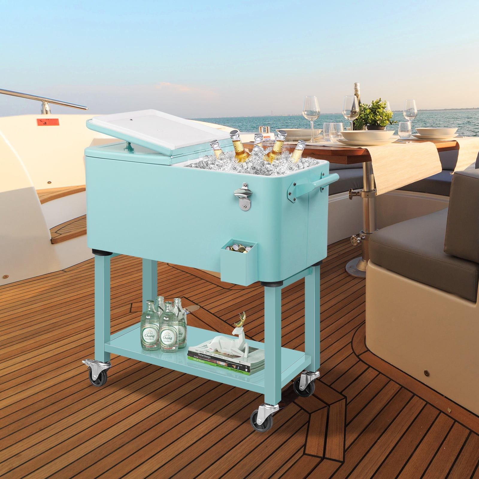 BAYUELSWU 80 QT Patio Cooler Rolling Cooler Ice Chest with Wheels, Square Ice Cooler Carts with Shelf & Bottle Opener Portable for Outdoor Indoor Patio Party Camping (Mint)