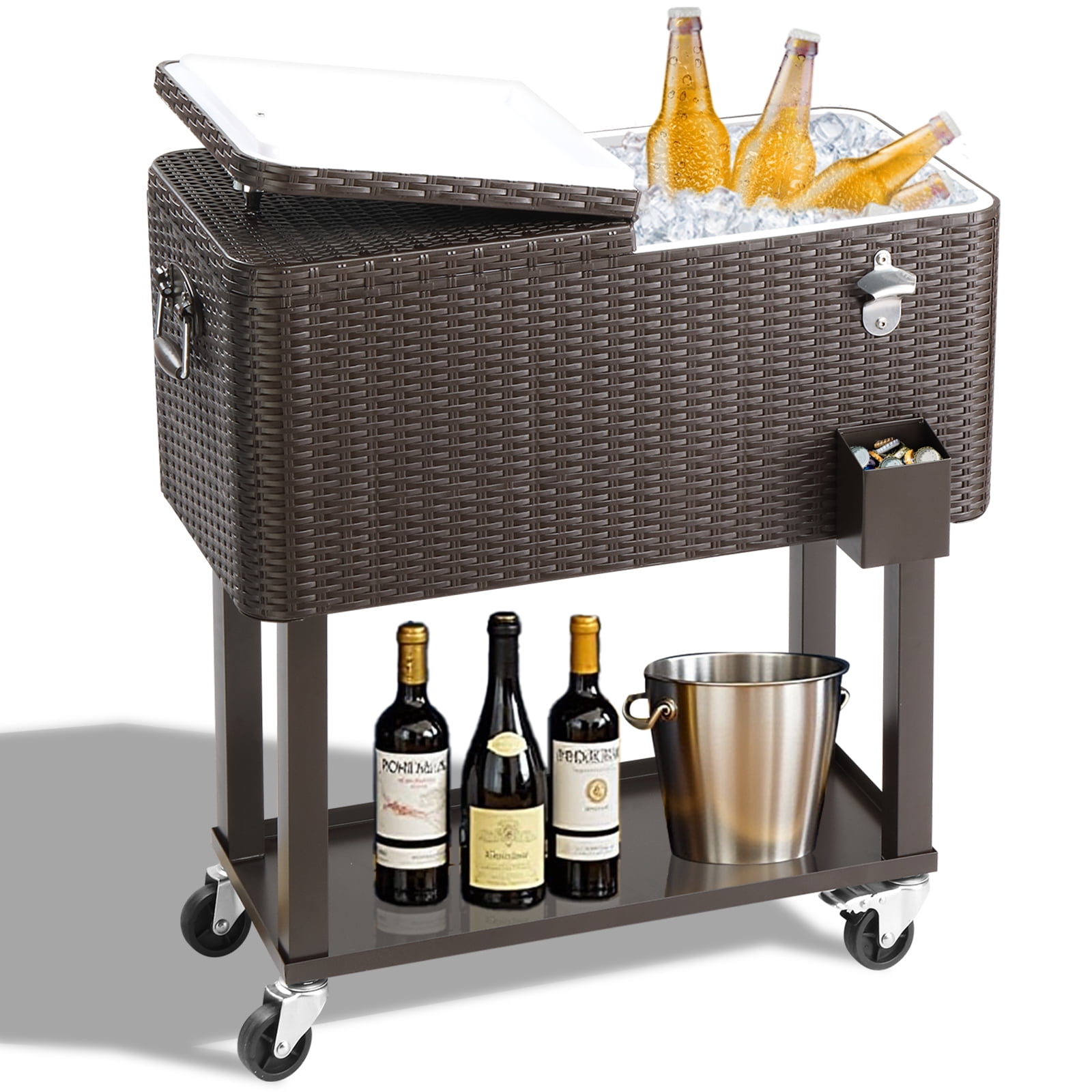 BAYUELSWU 80 QT Rattan Party Cooler Rolling Cooler Ice Chest with Wheels, Cooler Carts Square with Shelf & Bottle Opener Portable for Outdoor Indoor Patio Party Camping