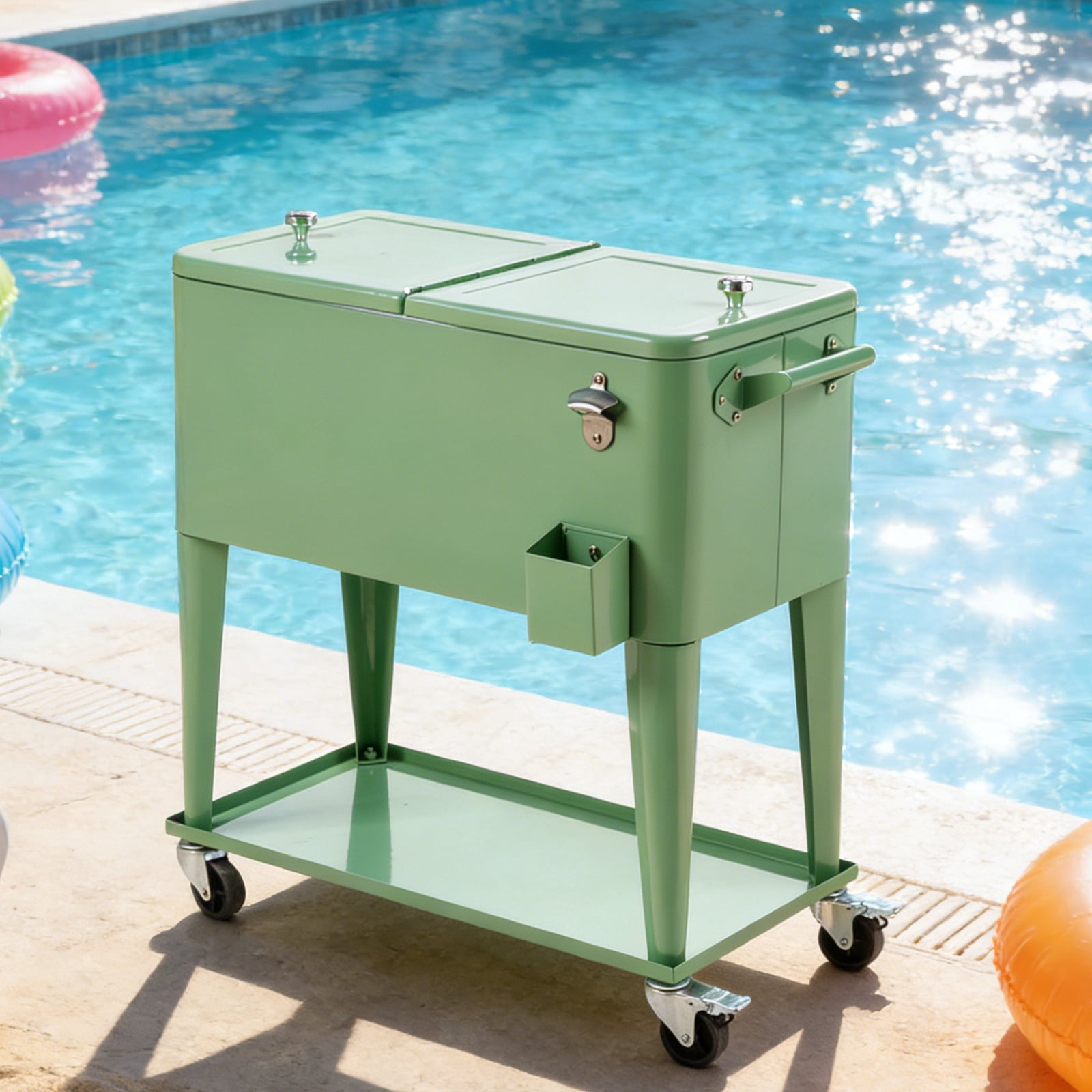 BAYUELSWU 80 Quart Patio Cooler Rolling Cooler Ice Chest with Wheels, Cooler Carts Square with Shelf & Bottle Opener Portable for Outdoor Indoor Patio Party Camping Patio (Green)