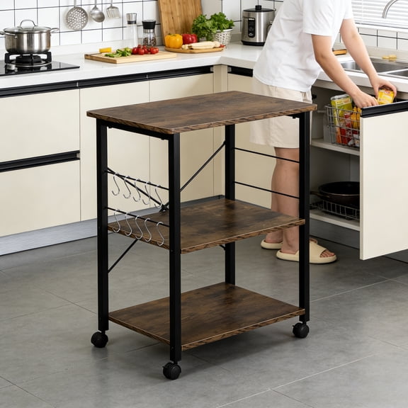 BAYUELSWU Baker's Rack on Wheels, Baker's Rack 3-Tier Kitchen Utility Microwave Oven Stand Storage Cart Workstation Shelf (Vintage Board Top + Black Metal Frame)