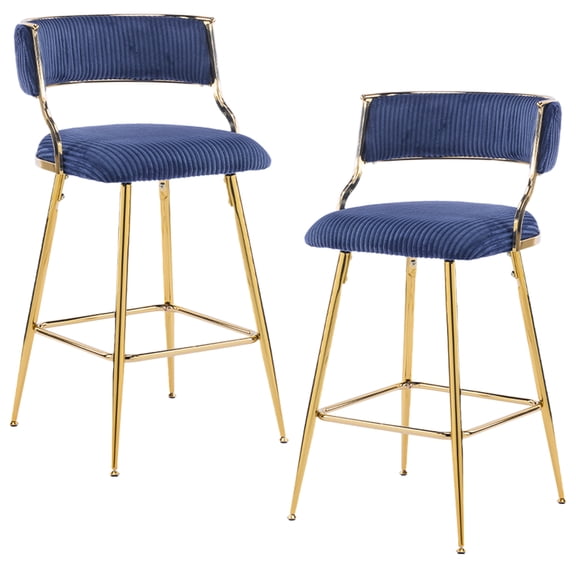 BAYUELSWU Bar Stools Set of 2, Modern Counter Height Bar Stools with Back, Thick Corduroy Gold-plated Iron Feet Bar Chairs for Kitchen Island, Home, Dining Room (Blue)