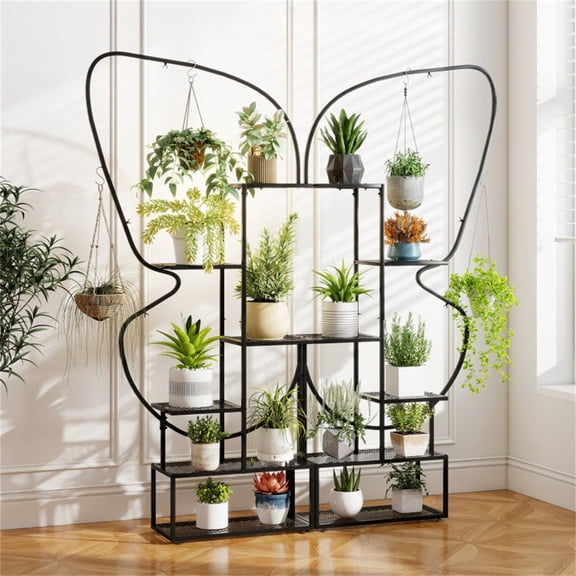 BAYUELSWU Butterfly Shape Metal Plant Stand, 6-Tier Flower Pot Rack with Hanging Hooks for Balcony, Patio & Home Decor (2 PCS)