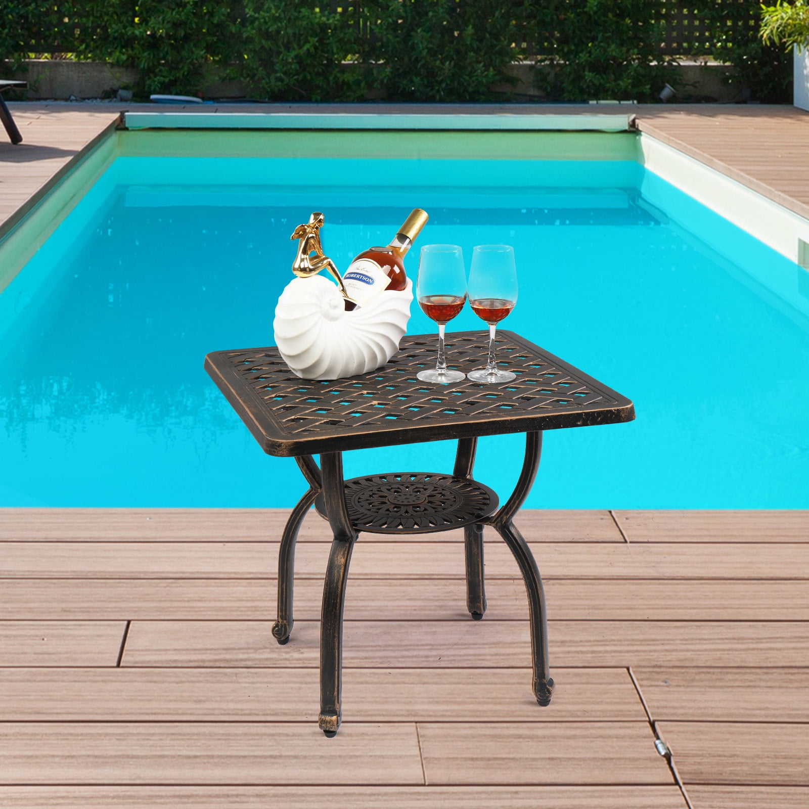 BAYUELSWU Cast Aluminum Outdoor Side Table, Square Patio Bistro Table, Decorative Outdoor End Table All Weather for Patio, Porch, Deck, Garden (Bronze)