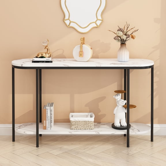 BAYUELSWU Console Tables 2 Tier Faux Marble Entryway Table with Storage Shelves for Hallway, Entryway, Foyer (Black)