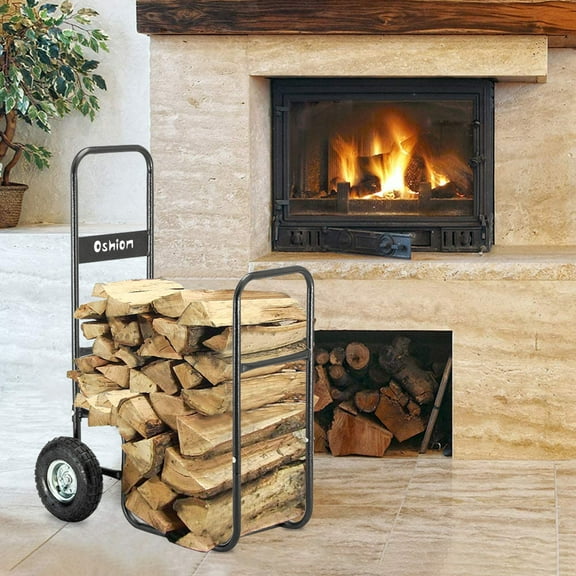BAYUELSWU Firewood Log Cart Carrier with Pneumatic Rubber Wheels, Rolling Log Carrier, Firewood Rack Storage Mover for Outdoor & Indoor Use (Black)