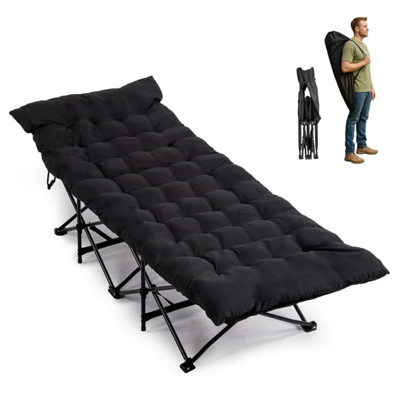 BAYUELSWU Folding Camping Cot Bed with Soft Pad, Portable Outdoor Cot, Adults Sleeping Bed for Home Office Nap Beach Travel (Black)