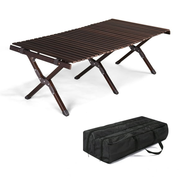 BAYUELSWU Folding Camping Table, Wooden Camping Roll-Up Table Portable Beach Table with Carrying Bag for Outdoor, Picnic, Backyards, BBQ, Party