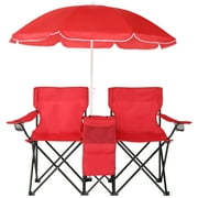 BAYUELSWU Folding Double Camping Chair w/ Removable Umbrella, 2 Person Beach Chair with Cooler Table, Two Cup Holder, Carrying Bag, Portable Camping Chair for Beach, Patio, Pool, Park Red