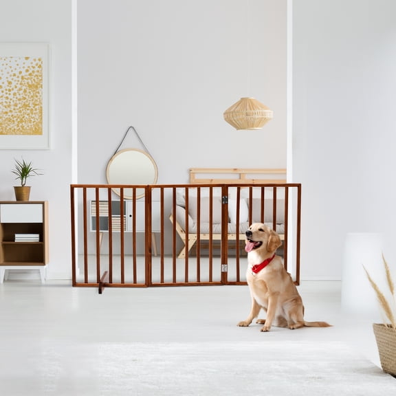 BAYUELSWU Freestanding Wooden Pet Gate, Foldable Pet Dog Gate, 3 Panels 24'' Tall Fence for Doorways, Stairs (Brown)