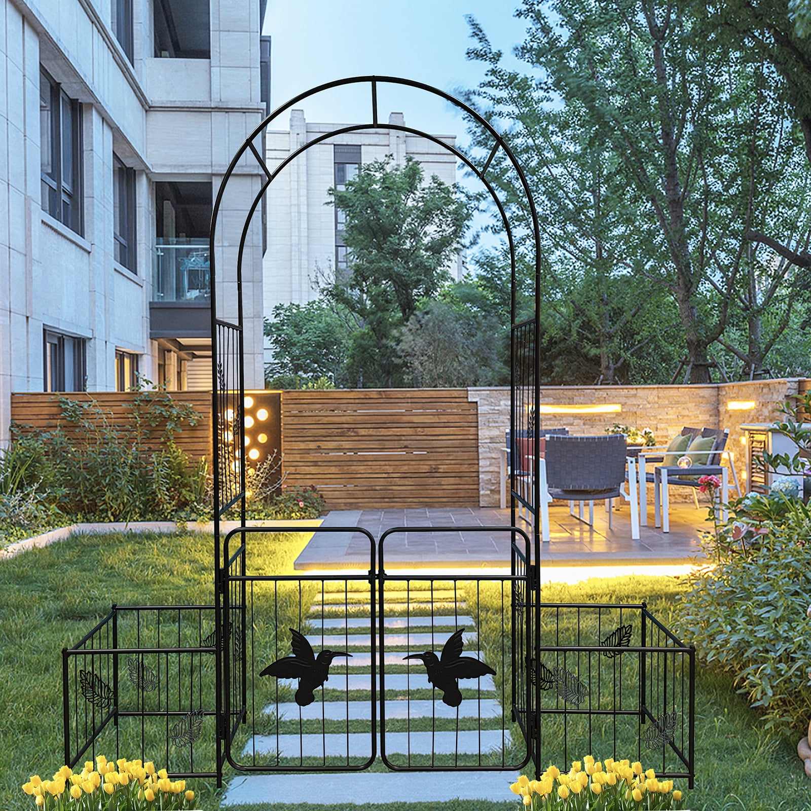 BAYUELSWU Garden Arbor Metal Garden Arch with Gate and Plant Box ...