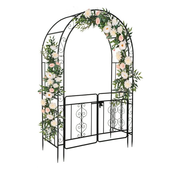 BAYUELSWU Garden Arbor Metal Garden Arch with Gate and Plant Box Wedding Arch Party Decoration for Outdoor Lawn Climbing Plants Roses Vines (E - 53" x 23" x 83.9")