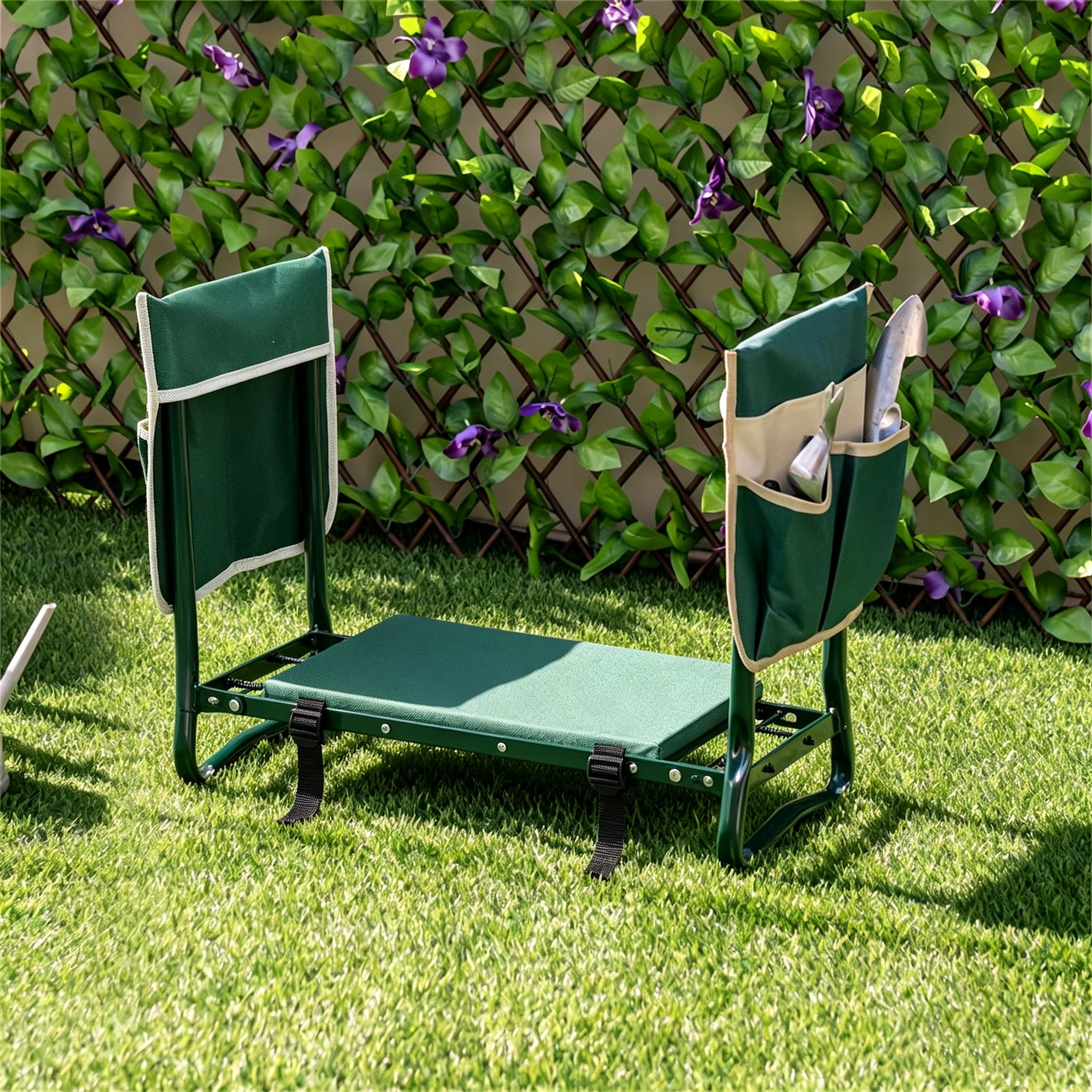 BAYUELSWU Garden Kneeler Seat, Foldable Durable Garden Stool with 2 Tool Pouch and Storage Bags Portable for Seniors, Family Gardeners (Green)