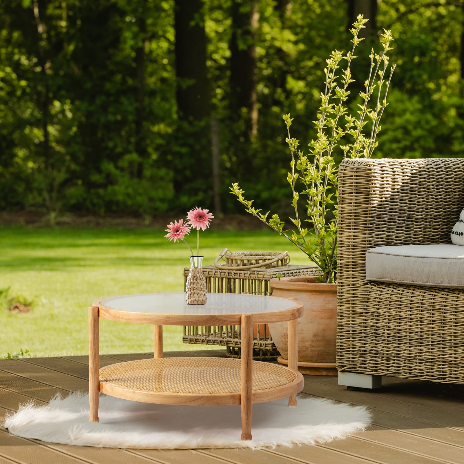 BAYUELSWU Glass Round Coffee Tables, 2 Tier Rattan Coffee Table with ...