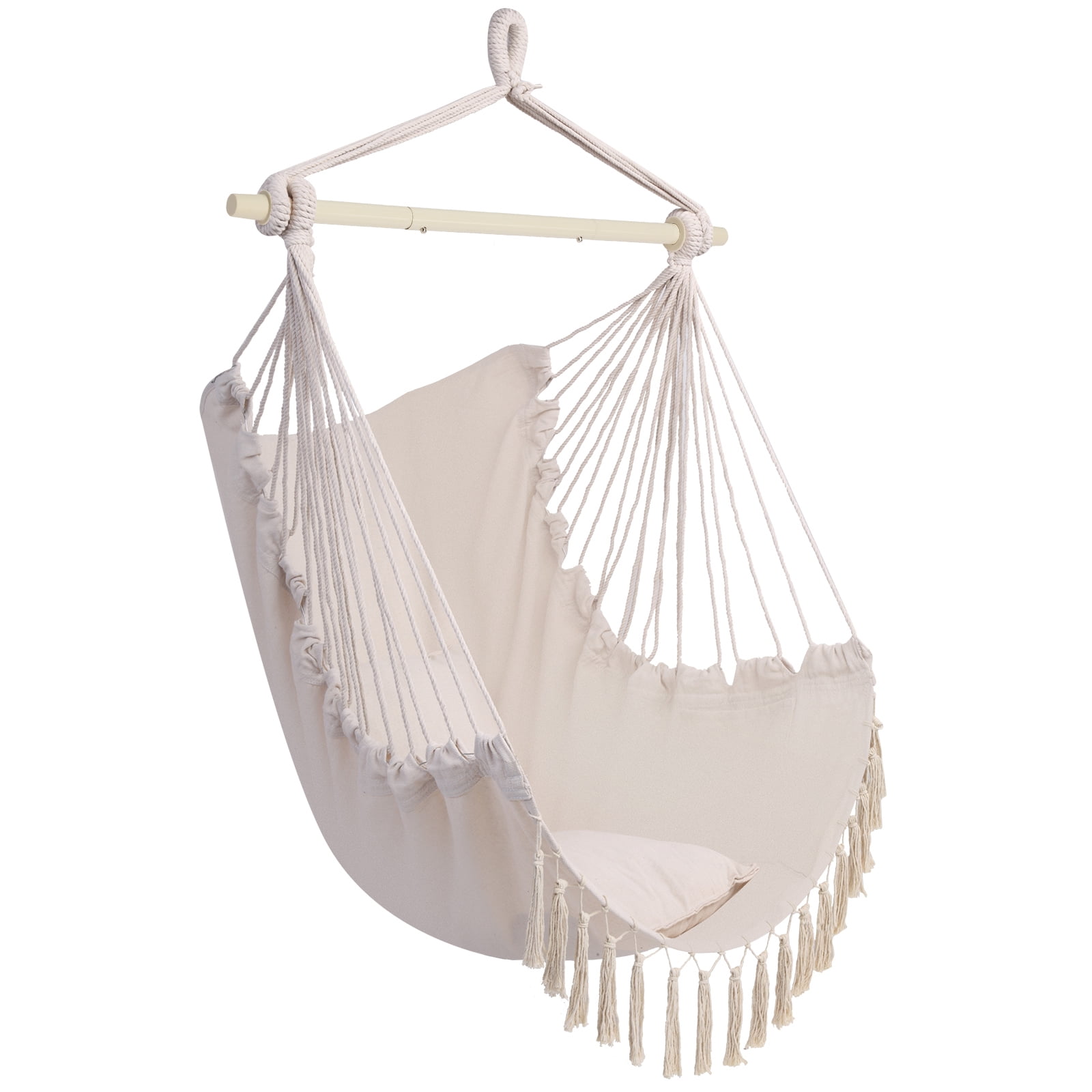 BAYUELSWU Hammock Chair with 2 Cushions, Hanging Rope Rope Swing with Tassel for Indoor/Outdoor, Garden Yard, Backyard, Living Room (Beige)