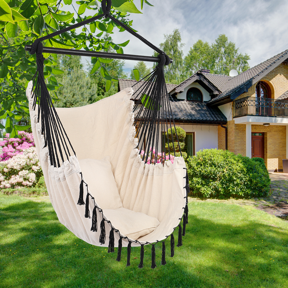 BAYUELSWU Hammock Chair with 2 Cushions, Hanging Rope Rope Swing with Tassel for Indoor/Outdoor, Garden Yard, Backyard, Living Room (Beige)